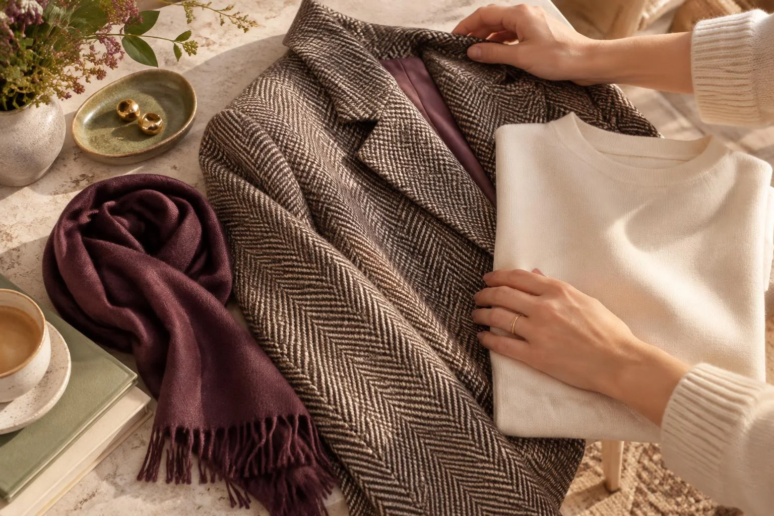 Imagen conceptual editorial que muestra una propuesta de combinación de prendas: un abrigo con dibujo de espiga, un suéter blanco liso y una bufanda morada, junto a accesorios y una taza de café sobre una mesa.