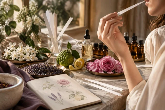Ilustración conceptual de un taller de perfumería con una persona oliendo una tira de papel, flores, aceites esenciales y un cuaderno con dibujos botánicos.