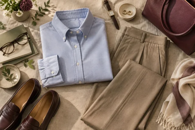 Conceptual editorial image featuring a folded light blue Oxford shirt, beige straight pants, brown shoes, watch, glasses, and burgundy bag on a neutral background.
