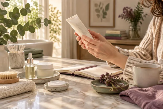 Conceptual illustration of a person holding a cosmetic tube at a table with skincare products, towel, open book, cup, and plants in a warm natural setting.