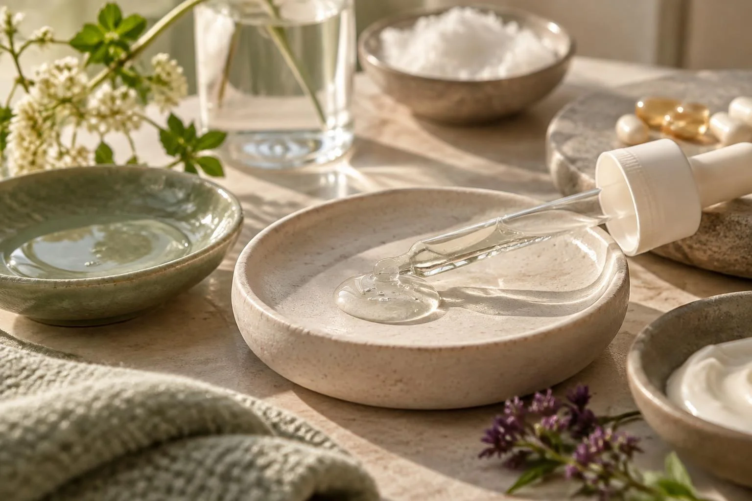 Illustrazione concettuale di siero trasparente con contagocce su piatto beige, circondata da crema, capsule, fiori e ciotole in un ambiente naturale e caldo.