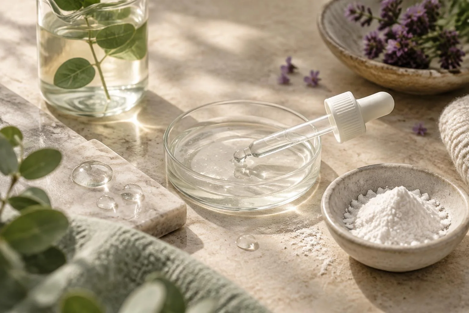 Illustrazione concettuale di un contagocce con liquido trasparente in una piastra di vetro, polvere bianca in una piccola ciotola, foglie verdi in un bicchiere d'acqua e fiori viola su un tavolo chiaro.