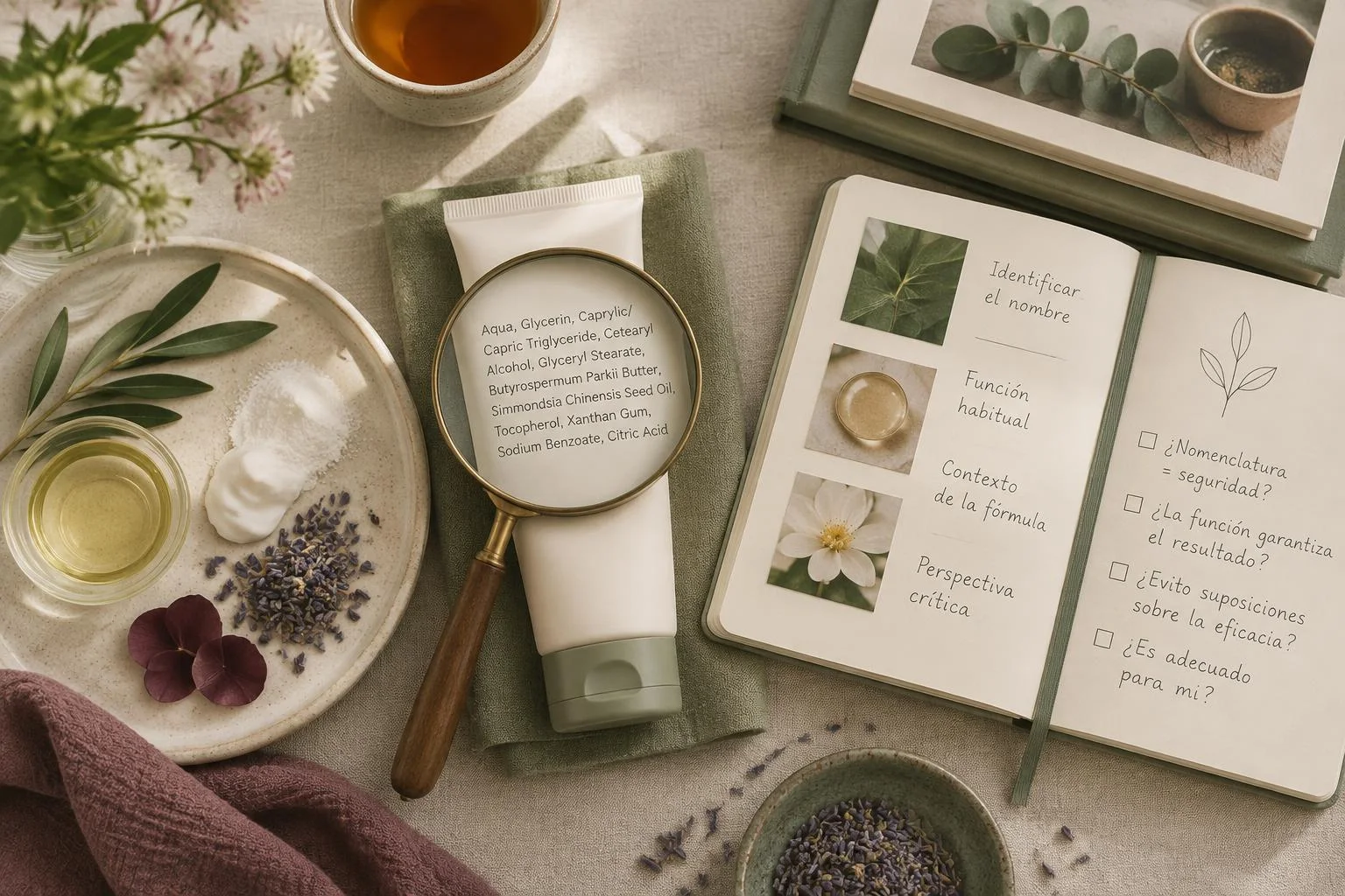 Ilustración conceptual de una lista de ingredientes cosméticos bajo una lupa sobre un tubo de crema, junto a un cuaderno abierto con notas sobre la interpretación de ingredientes, y elementos naturales como flores, hojas y aceites.