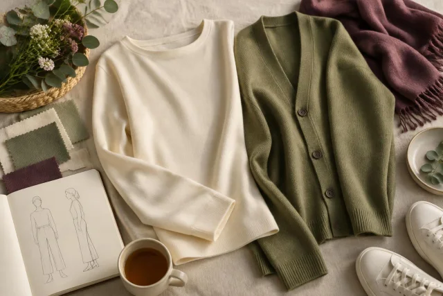 Conceptual illustration of interlock knitwear: a cream sweater and a green buttoned cardigan, alongside fabric swatches, a fashion sketchbook, a dish with leaves, a cup of tea, and white shoes.