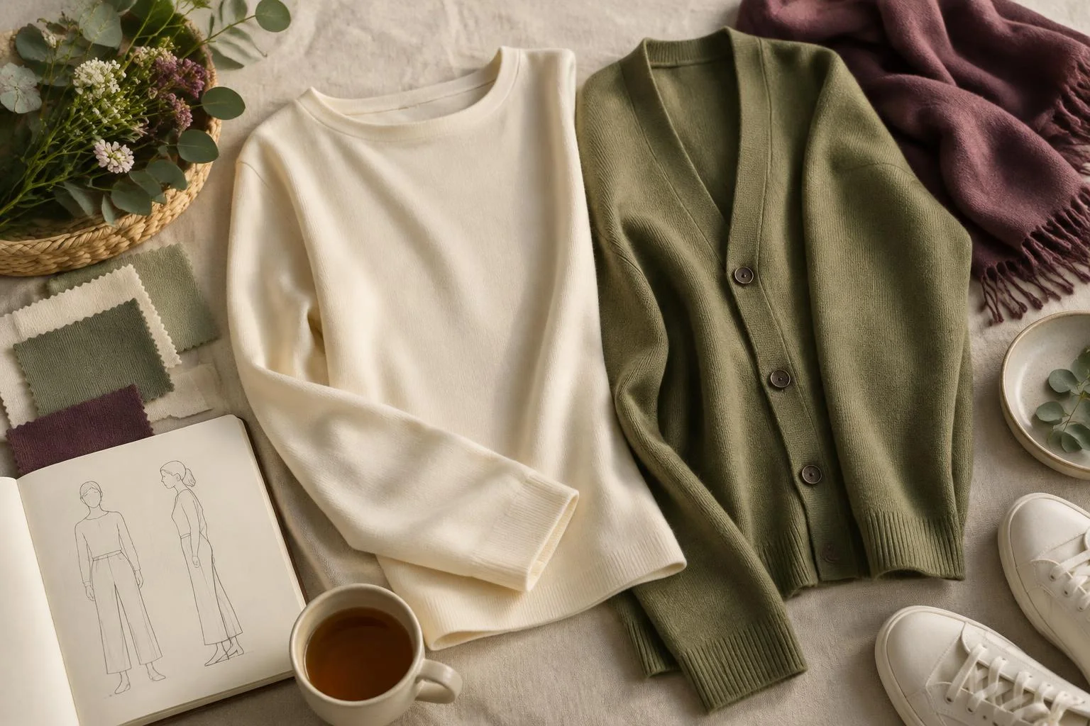 Ilustração conceitual de roupas de malha interlock: um suéter creme e um cardigã verde com botões, ao lado de amostras de tecido, um caderno de desenhos de moda, um prato com folhas, uma xícara de chá e sapatos brancos.