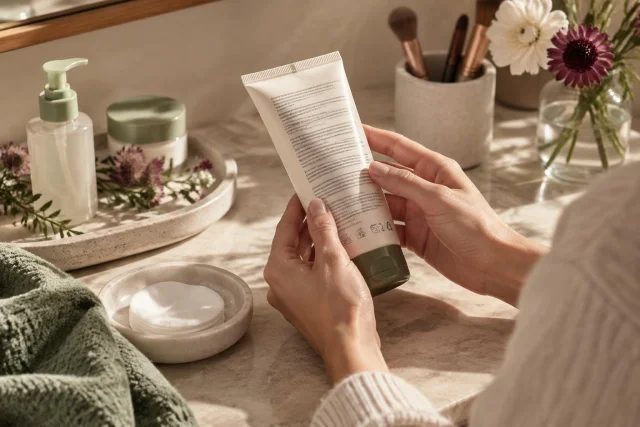Conceptual illustration of a person reading the label of a cosmetic tube on a vanity with cosmetic products and makeup brushes.