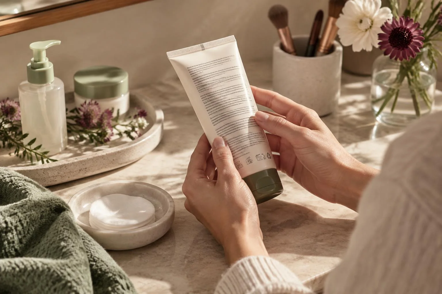 Conceptual illustration of a person reading the label of a cosmetic tube on a vanity with cosmetic products and makeup brushes.
