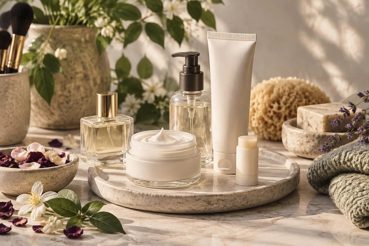 Konzeptuelle Illustration von Kosmetik in neutralen weißen Behältern auf einem Marmortablett, umgeben von Blumen, Kräutern und Handtüchern, die Duftstoffe in kosmetischen Produkten darstellen.