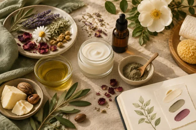 Conceptual image showing organic cosmetic ingredients and products: cream in a glass jar, oil, powder in a ceramic bowl, dried and fresh flowers, nuts and leaves, alongside an open book with botanical illustrations.