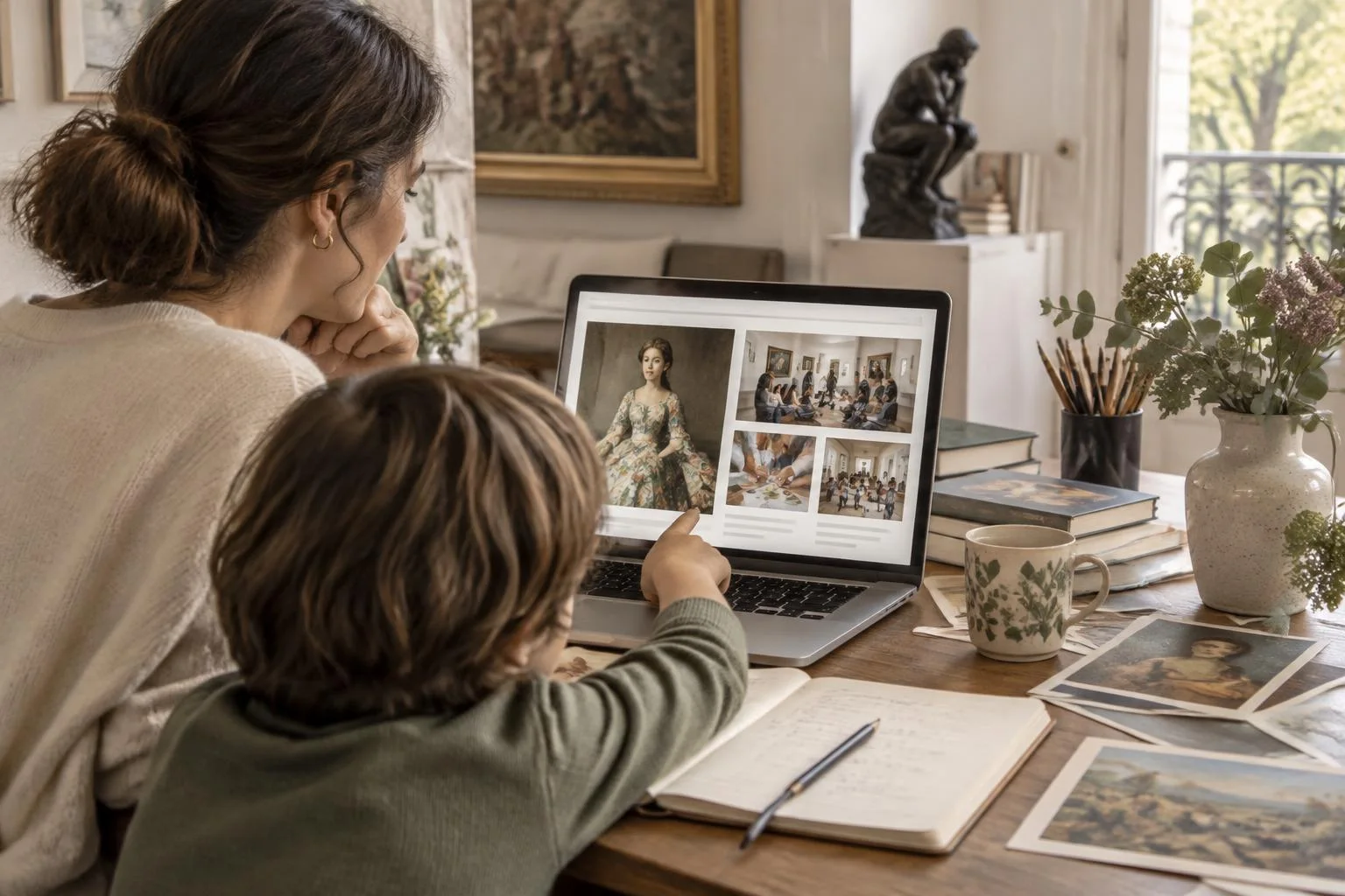 Conceptual image of a woman and a child viewing educational art activities on a laptop in a home setting with art photos and books around.