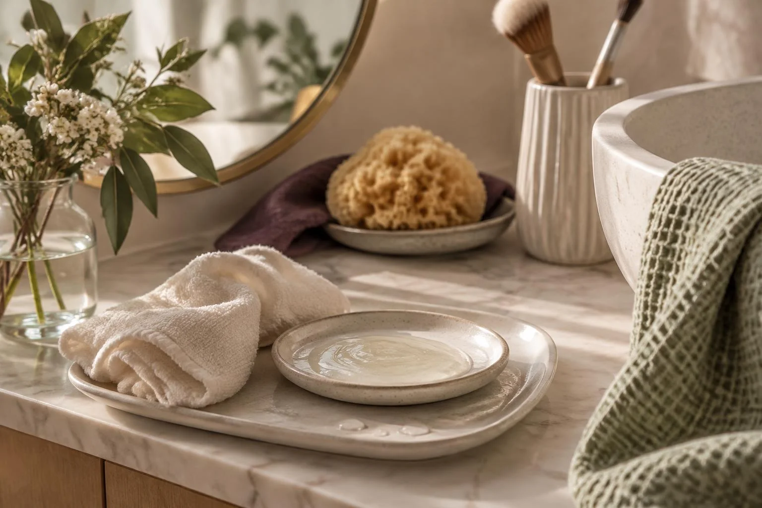 Imagen conceptual de un tocador de baño con una toalla blanca, un plato con gel claro, una esponja natural, pinceles de maquillaje, un jarrón con hojas verdes y flores blancas, un espejo redondo y un lavabo beige.