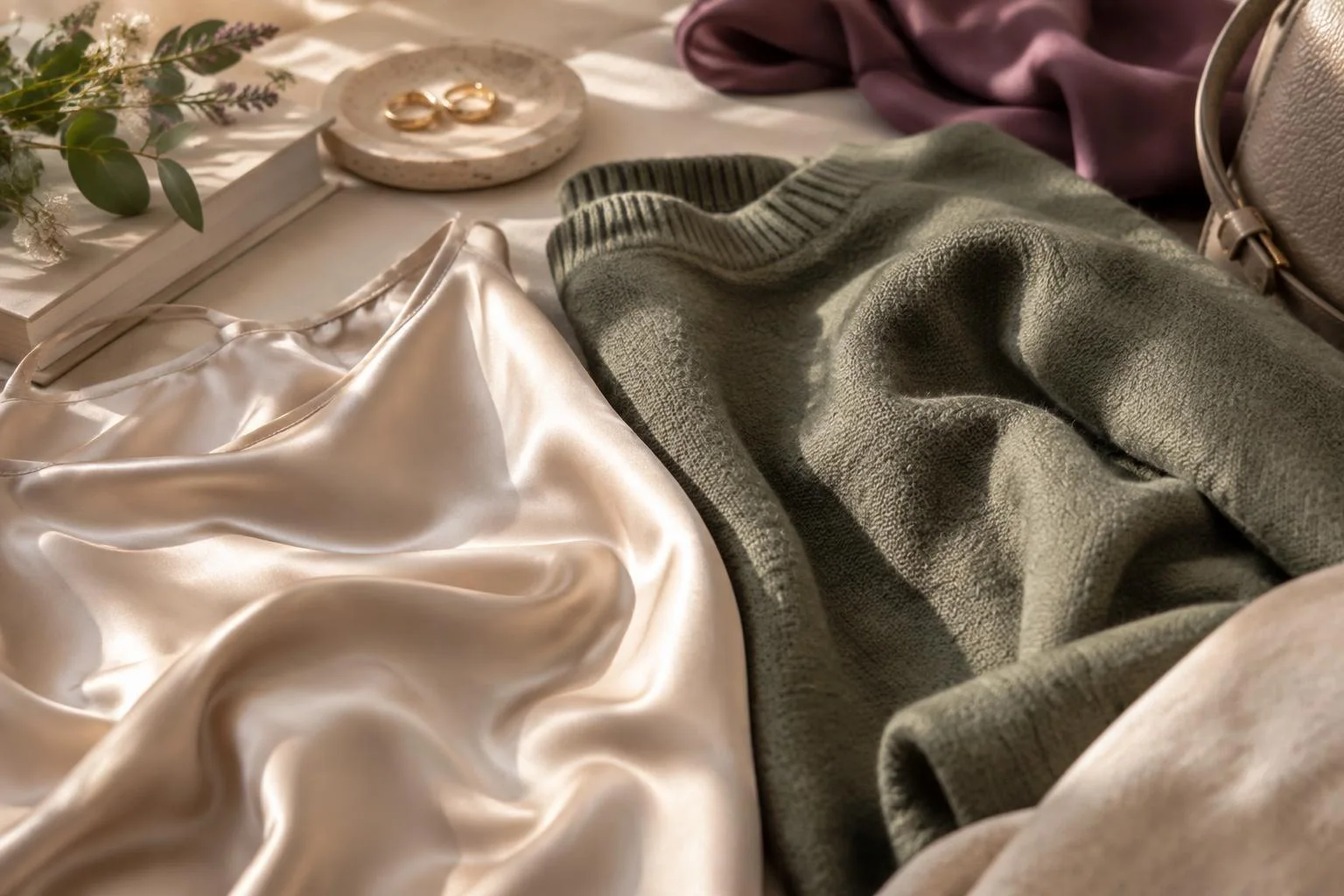 Konzeptbild, das ein Kleidungsstück aus glänzendem Satin neben einem Kleidungsstück aus mattem Stoff zeigt, mit Schmuckdetails und einem kleinen Blumenstrauß im Hintergrund.