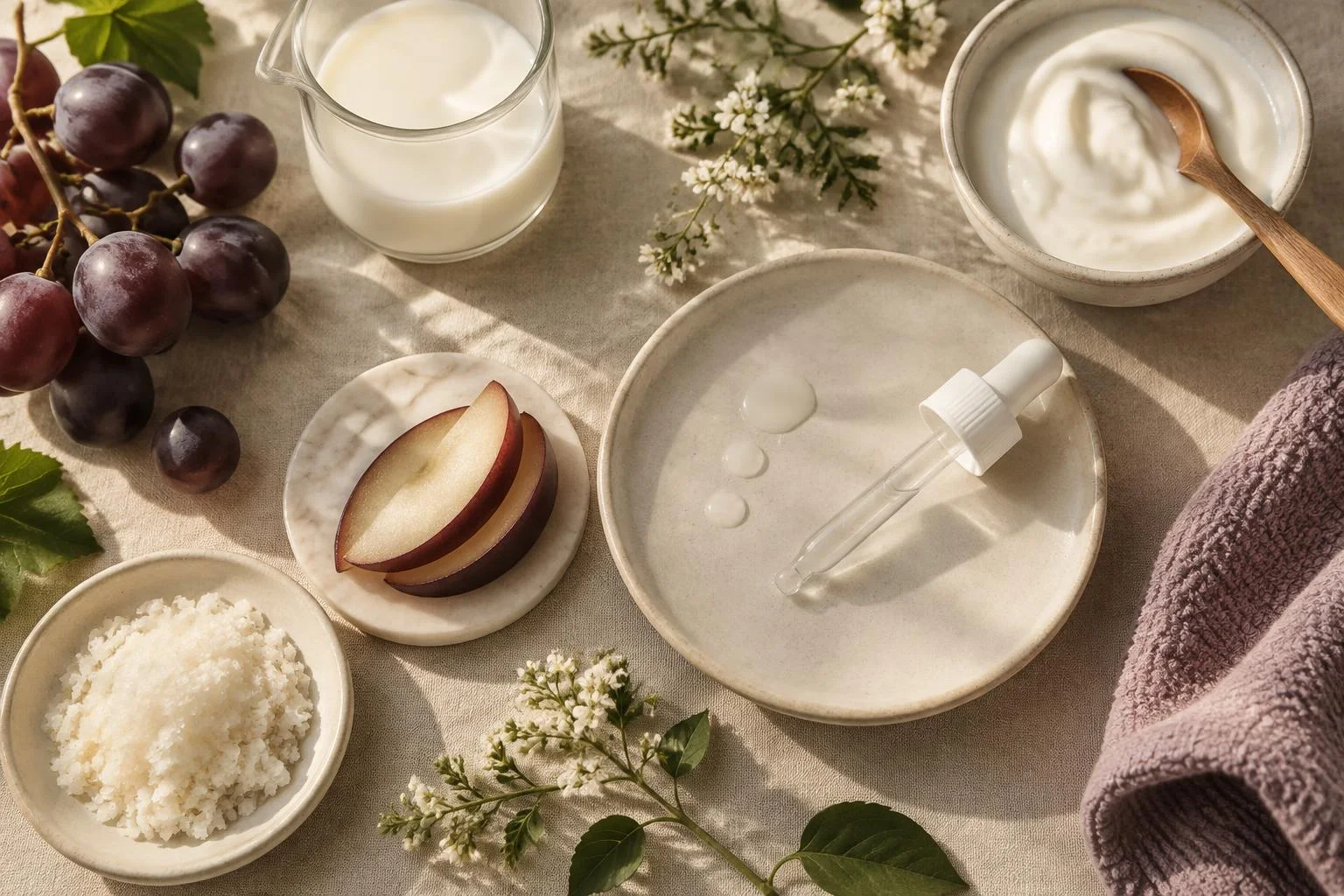 Konzeptionelle Abbildung von Zutaten im Zusammenhang mit Milchsäure, darunter Trauben, Milch, Joghurt, Obstscheiben, eine Pipette mit Flüssigkeit und Blumen auf hellem Stoff.