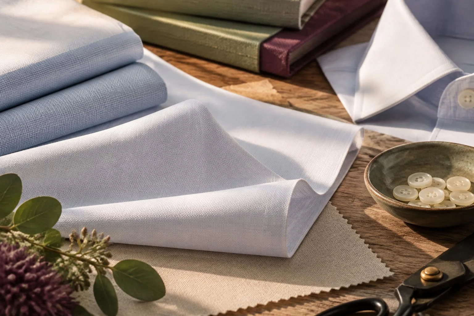 Conceptual image of a range of folded light-colored fabrics, alongside a white shirt cuff, buttons in a bowl, and tailoring scissors on a wooden table.