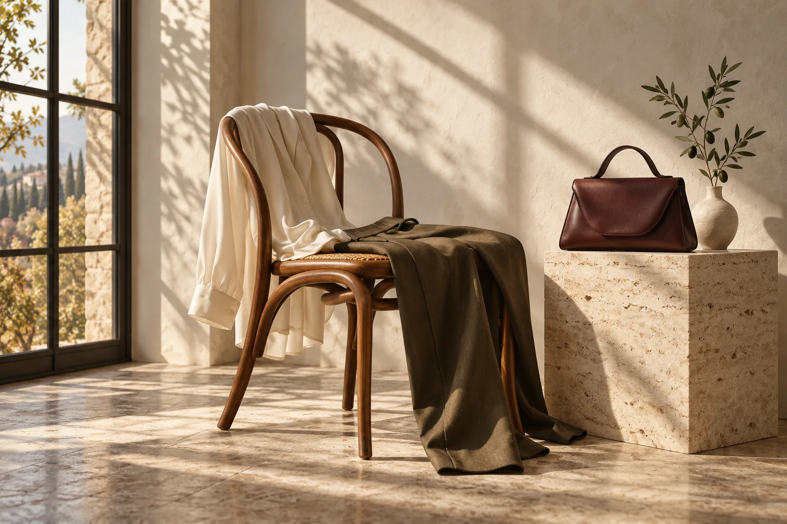 Konzeptionelle Komposition eines Elfenbein-Blusens, einer Olivhose und einer Pflaumen-Handtasche neben einem Holzstuhl