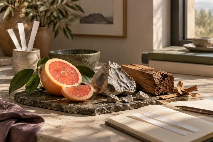 Ilustração conceitual mostrando uma mesa com toranja cortada, pedaços de pedra, um bloco de madeira e tiras para testar perfumes em um ambiente quente e natural.